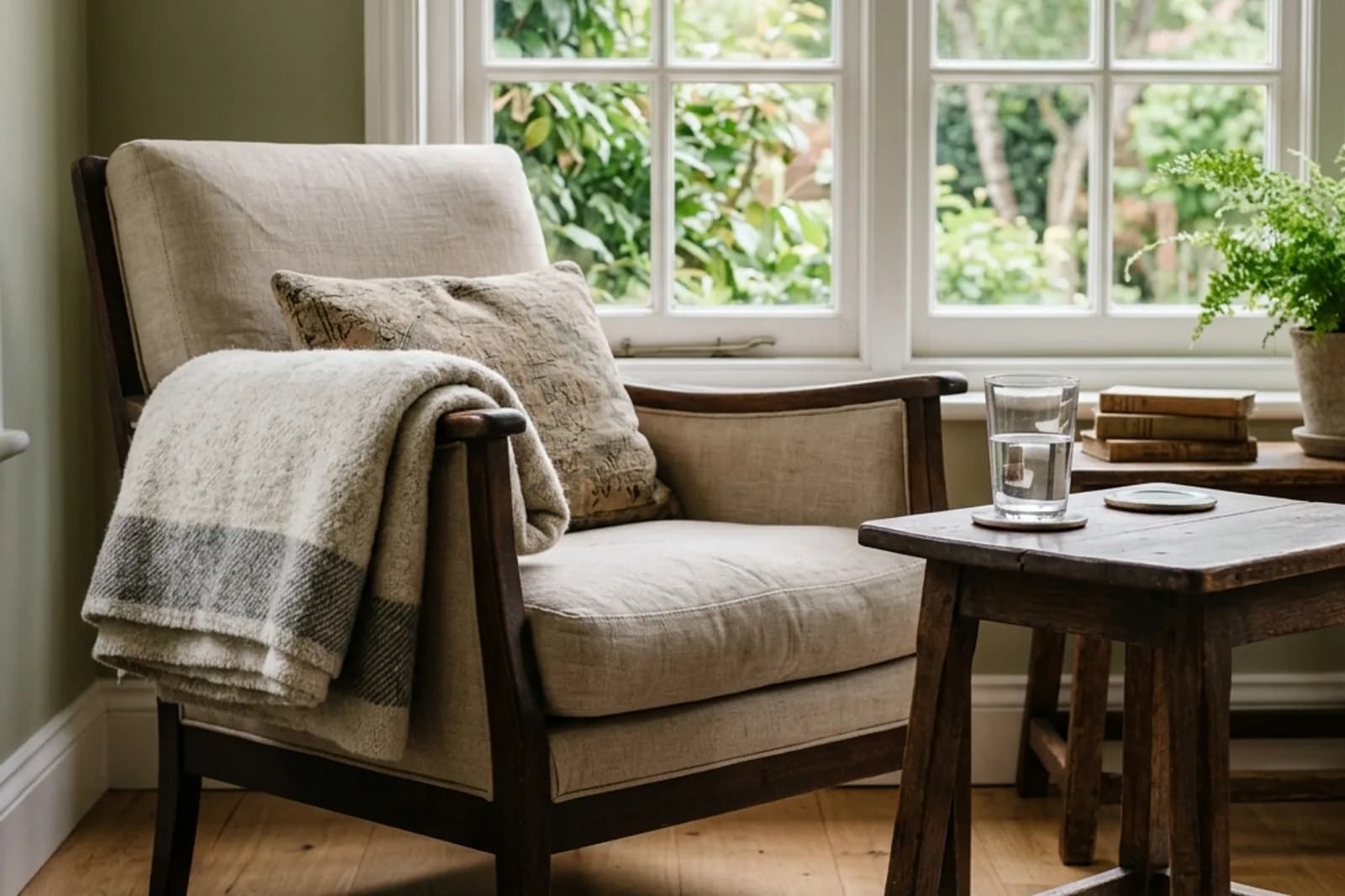 A quiet reading armchair with a folded wool blanket next to a window.